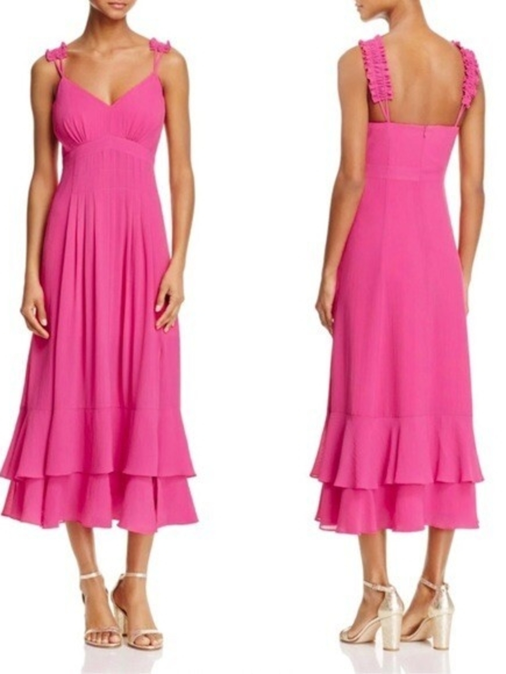 Nanette Lepore Hot Pink Ruffled Empire Waist Midi Cocktail Dress